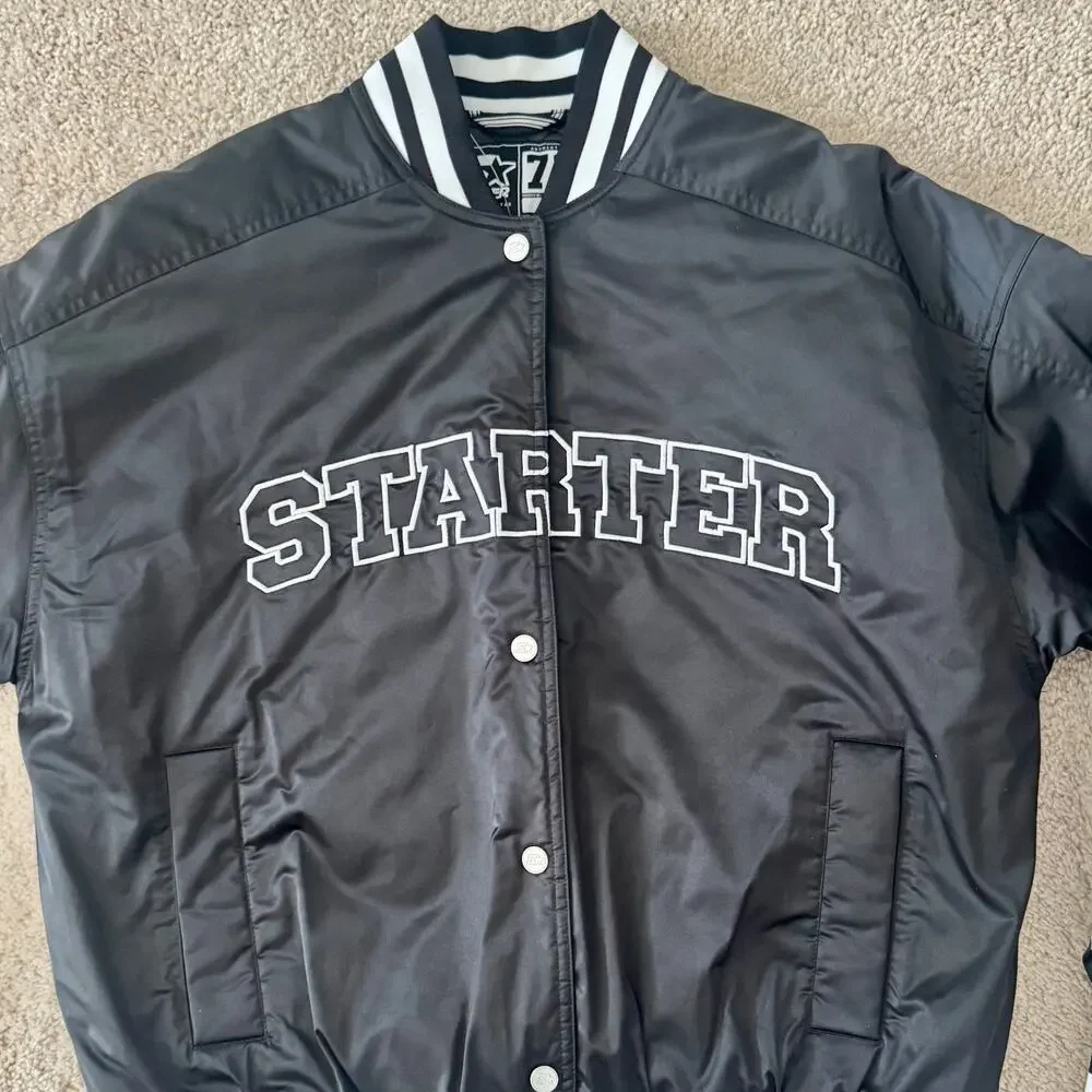 Starter Varsity Jacket Bomber Snap Front Satin Logo Retro Small Black NEW